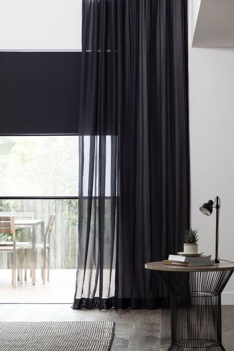 Bedroom Curtains With Blinds, Black Sheer Curtains, Sheers Curtains Living Room, Black Blinds, Ikea Blinds, Sheer Blinds, Patio Blinds, Modern Blinds, Living Room Blinds