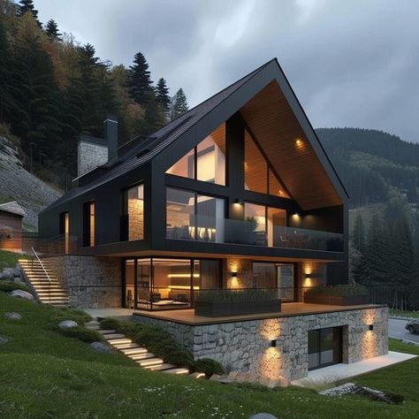 Home Built Into Hillside, Modern Mountain House Exterior, Red Bathroom Ideas, Red Bathrooms, Bathroom Ideas 2024, Modern Mountain House, Lake Houses Exterior, Modern Remodel, Red Bathroom