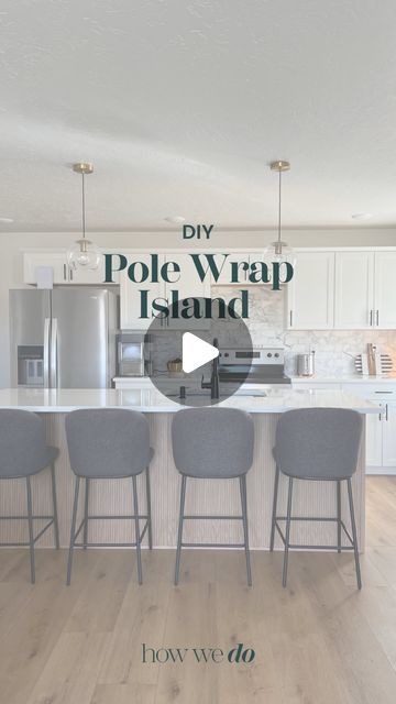 Angie Ivie | How We Do | DIY + Home on Instagram: "I really wanted to break up all the white in this kitchen, and I think adding wood pole wrap to the island was the perfect solution! What do you think?! Would you leave it this natural wood color? Stain it? Paint it? I’m going to sit with it for a while, but it may or may not stay this color/tone. 😊  . . #polewrap #kitchenislanddesign #kitchenisland #diykitchen #howwedoandyoucantoo #howwedoranchedition #diyprojects #homeimprovementprojects #homeimprovementideas #homereno" Wrapping Kitchen Island, Pole Wrap Island Kitchen, Kitchen Island Pole Wrap, Island Wrap Ideas, Wood Pole Wrap, Kitchen Island Wrap Ideas, Pole Wrap Kitchen Island, Sit With It, Pole Wrap