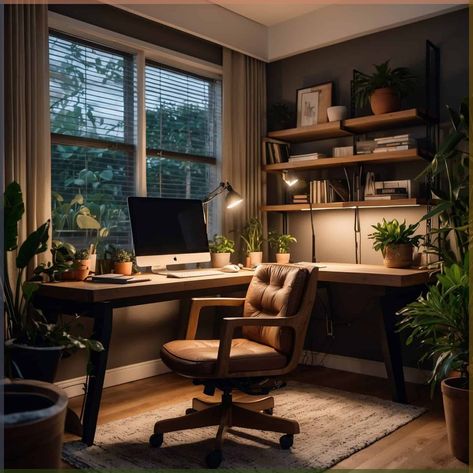 Earthy Office, Modern Home Office Ideas, Contemporary Office Interiors, Rustic Thanksgiving, Cozy Home Office, Small Home Offices, House Deco, Apartment Bedroom, Home Office Ideas