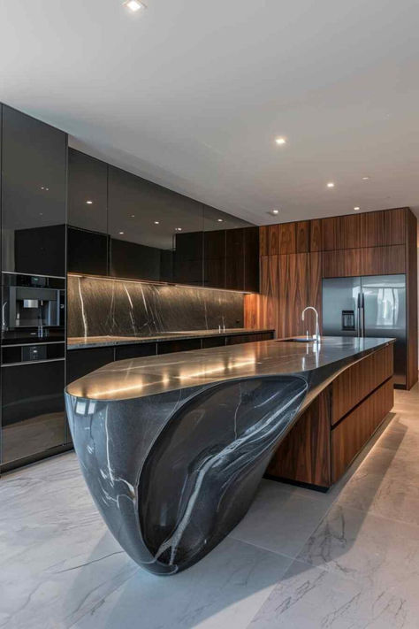 32 Sleek Statement Islands: Making Kitchens the Center of Attention Cantilever Kitchen Island, Extraordinary Kitchen Design, Unusual Kitchen Islands, Luxury Kitchen Design Modern Islands, Unique Kitchen Island Ideas, Statement Island, Luxury Black Kitchen, Unique Kitchen Island, Stone Kitchen Island