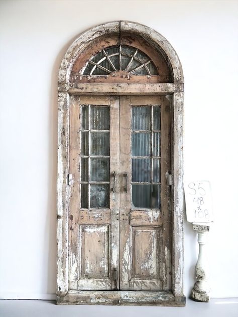 Antique Arched French Double Doors (48x108) Encased Doors, European Door Jamb S5 French Arch, Rustic Tables, French Double Doors, Recycled Door, Bookshelf Door, Farmhouse Style Furniture, European Doors, Victorian Door, Glass Panes