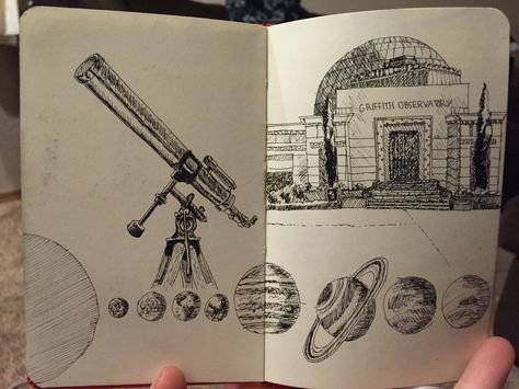 Moleskin Griffith observatory planets telescope astronomy Astronomy Sketch Art, Astronomy Drawing Aesthetic, Astronomy Art Drawing, Nasa Sketch, Telescope Sketch, Observatory Drawing, Astronomy Sketches, Astronomy Watercolor, Telescope Tattoo