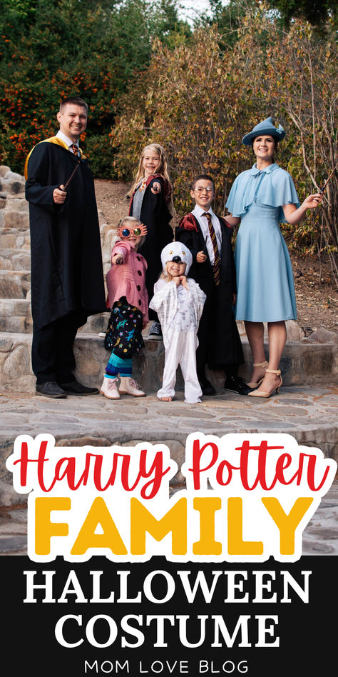 Photo of family wearing Halloween costumes with text that reads "Harry Potter family Halloween costume" Costume Ideas Harry Potter, Baby Harry Potter Costume, Halloween Gender Reveal Ideas, Matching Family Halloween Costumes, Costumes For School, Harry Potter Halloween Costumes, Harry Potter Costumes, Family Halloween Costume Ideas, Family Costume Ideas