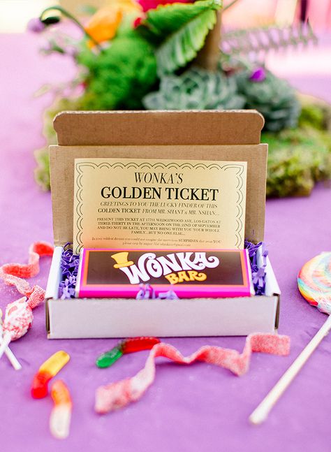 Willy Wonka Birthday Invitations, Golden Ticket Birthday Party, Willy Wonka Party Invitations, Willy Wonka Invitations, Willy Winks Birthday Party, Wonka Party Favors, Wonka Party Games, Willy Wonka Themed Food, Willy Wonka Party Favors