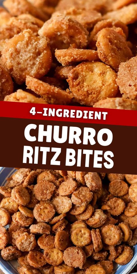 Ritz Cracker Party Snacks, Oyster Cracker Churro Bites, Easy Desserts For Movie Night, Ritz Snacks Ideas, Trivia Snack Ideas, Simple Ingredient Snacks, Churro Ritz Crackers, Peanut Butter Ritz Bits Recipes, Cinnamon Sugar Crackers