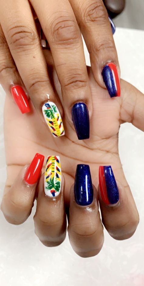 #ForTheCulture #HaitiNails Haitian Flag Nails, Haitian Makeup, Jamaican Nail Art, Haitian Face Paint, Jamaican Nail Designs Nailart, Caribbean Flags, Haitian Flag, Flag Nails, Short Nails Art