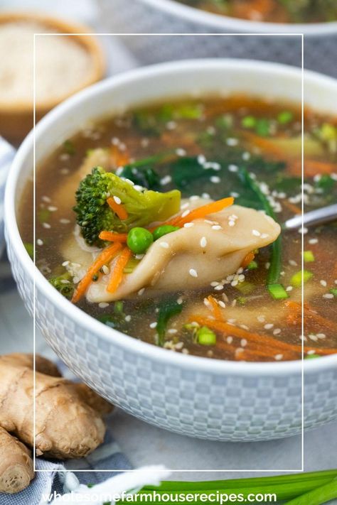 "Potsticker Soup is an absolutely delicious mixture of Asian flavors like sesame oil, fish sauce, soy sauce, ginger, and sesame seeds with savory meat-filled potstickers. The potsticker soup base is a perfectly balanced mixture of spicy, sweet, and umami for a great recipe that everyone will love. In fact, my family loves it so much, that they had me put it on my regular recipe rotation. You can find potstickers (or pot stickers) labeled as Chinese dumplings, but you will not see Japanese gyoza Pot Sticker Soup Recipe, Pot Sticker Soup, Potsticker Soup, Pot Stickers Recipe, Japanese Gyoza, Cornbread Casserole Recipe, Southern Recipes Desserts, Soup Base, Chinese Dumplings