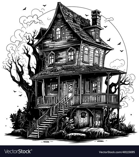 Creepy Haunted House, Spooky Island, Draw Background, Haunted House Drawing, House Doodle, House Illustration, House Portraits, House Vector, House Drawing