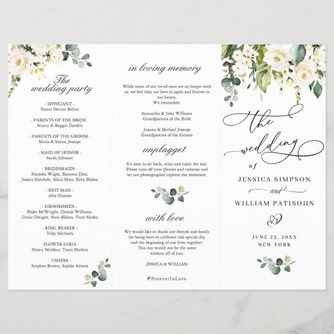 Elegant White Roses Wedding Ceremony Program Black People Weddings, Wedding Reception Program, Ceremony Program Template, Wedding Maids, Couples Bridal Shower, Bridal Shower Backdrop, White Roses Wedding, Wedding Ceremony Programs, Couples Shower Invitations