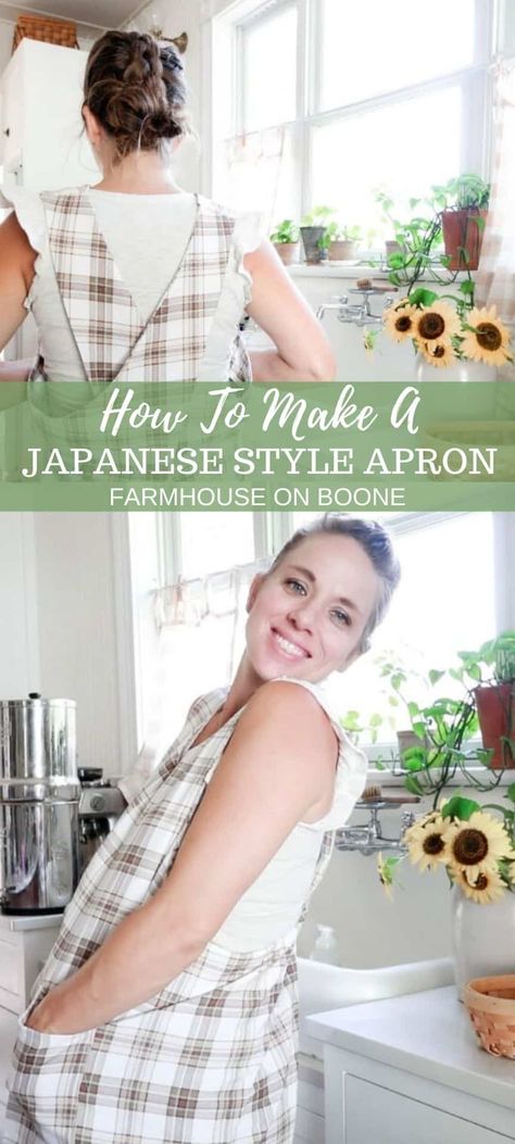 Learn in this post how to make a beautiful, Japanese apron with cross-back straps. This apron is perfect for fall, displaying cozy fall colors and patterns. It's an easy project, resulting in a lovely apron with large, practical pockets. #farmhouseonboone #japaneseapron #DIYapron #cross-backapron Cross Back Apron Pattern Free, Japanese Apron Pattern, Easy Apron Pattern, Cross Back Apron Pattern, Make An Apron, Free Apron Pattern, Easy Apron, Farmhouse On Boone, Japanese Style Apron