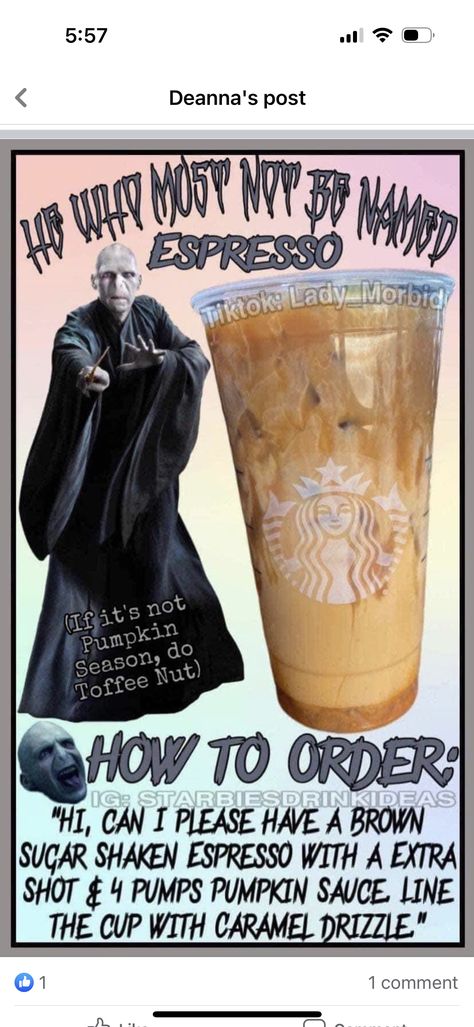 Frappuccino Recipes, Crazy Drinks, Starbucks Halloween Drinks, Starbies Drinks, Harry Potter Drinks, Starbucks Ideas, Copycat Starbucks Drinks, Starbucks Flavors, Coffee Orders