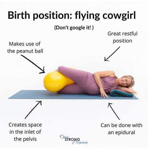 Flying cowgirl birth position for mom. #doula #birth #epidural #flyingcowgirl #childbirth #labor #naturaldelivery #delivery #laboranddelivery #vaginalbirth #motherhood Epidural Birth, Labor Doula, Spinning Babies, Labor Positions, Peanut Ball, Doula Training, Labor Nurse, Postpartum Health, Induce Labor