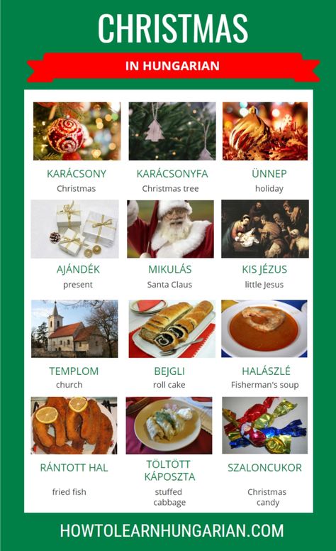 Visual vocabulary for Hungarian words with English translation regarding Christmas. Hungarian Vocabulary, Hungarian Words, Hungarian Traditions, Learn Hungarian, Hungarian Christmas, Learning Hungarian, Hungarian Language, Visual Vocabulary, Croatian Recipes