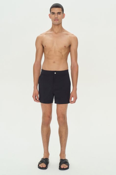 SPRING 2024 MENS COLLECTION The Luke Trunk in Black. Embark on aquatic adventures with these classic swim bottoms, a blend of functionality and sleek design. Featuring a comfortable, supportive mesh lining and an elastic waistband with an adjustable drawstring, they offer a secure fit for active swim sessions or relaxed sunbathing. The trunks are cut to a flattering length, ensuring ease of movement without compromising on style. Man Figure Pose, Male Body Profile Reference, Men Figure Reference, Full Body Male Reference Photo, Man Reference Photo, Male Body Reference Models, Slim Male Body Reference, Pose Ref Male, Man Model Pose