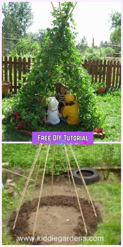 DIY Living Green Teepee Playhouse Tutorial Yard Teepee, Diy Garden Play Area, Diy Backyard Teepee, Outdoor Teepee Diy, Kid Friendly Garden Ideas, Teepee Made From Pallets, School Garden Projects, How To Build A Teepee, Plant Teepee