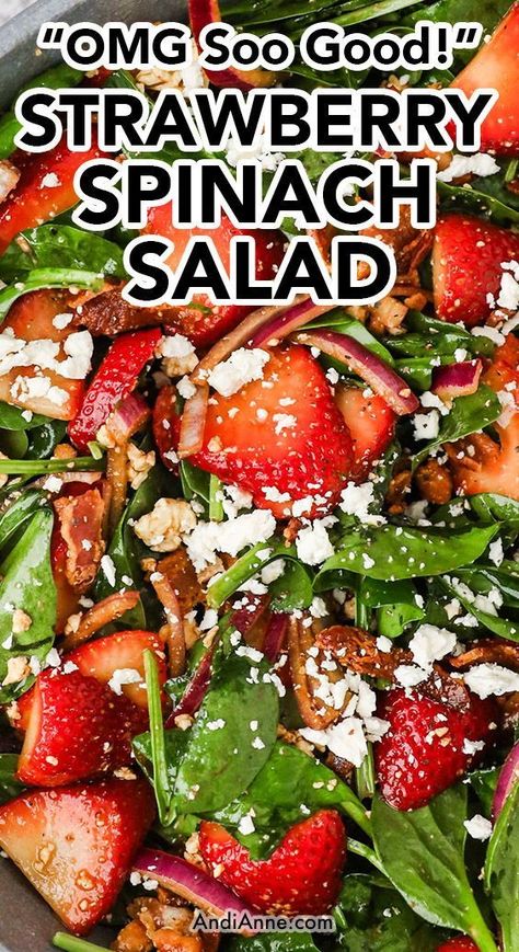 Our healthy Strawberry Spinach Salad recipe combines the perfect mix of sweet and tangy flavors, featuring fresh strawberries, crunchy spinach, creamy feta cheese, and crispy bacon all tossed in a luscious balsamic dressing. This is the ultimate side dish or lunch recipe that will leave your tastebuds begging for more! Spinach Salad Dressing, Recipes Tuna, Strawberry Salad Recipe, Strawberry Feta, Strawberry Spinach Salad, Pistachio Salad, Christmas Salad, Glazed Pecans, Spinach Salad Recipes