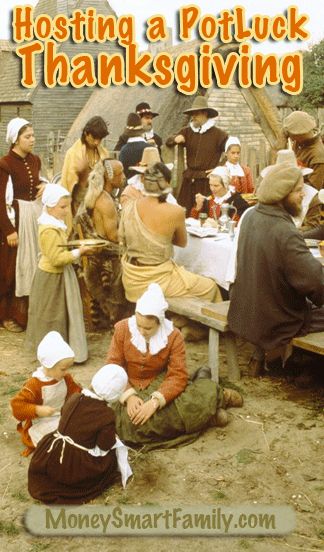 Pilgrims sitting outside around a banquet table for Thanksgiving dinner. Pilgrim Food, Potluck Thanksgiving, Pilgrims And Indians, The First Thanksgiving, Thanksgiving Potluck, Money Smart, Thanksgiving Pilgrims, Household Expenses, Thrifty Living