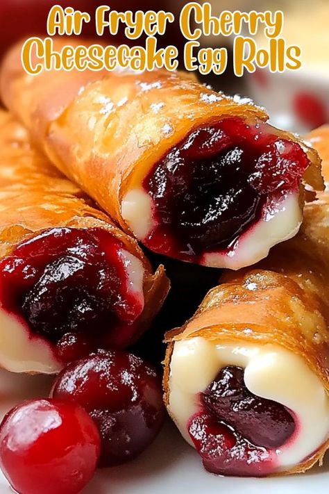 Indulge in these irresistible Air Fryer Cherry Cheesecake Egg Rolls! With a crispy, golden-brown shell and a luscious filling of creamy cheesecake and sweet cherry pie, these dessert rolls are the perfect blend of texture and flavor. Quick and easy to make in the air fryer, they’re ideal for a crowd-pleasing treat or a special snack. Dust with powdered sugar and serve with extra cherry filling for an extra touch of sweetness. Perfect for parties, holidays, or whenever you're craving something delicious! Crispy Cherry Cheesecake Egg Rolls, Air Fryer Thanksgiving Desserts, Cherry Cheesecake Egg Roll Recipe, Air Fryer Cheesecake Egg Rolls, Cherry Cream Cheese Egg Rolls, Eggroll Dessert Recipes, Air Fry Dessert Recipes, Air Fryer Cherry Cheesecake Egg Rolls, Cherry Pie Egg Rolls