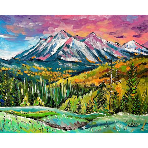 Rocky Mountain National Park Print From Original Oil Painting - Etsy Canada Pop Art Mountain Painting, Colorado Mountains Painting, Rocky Mountain Painting, Colorful Mountain Painting, Mountains Collage, Mountain Range Painting, Painting Denim, Wilderness Decor, Usa Landscape