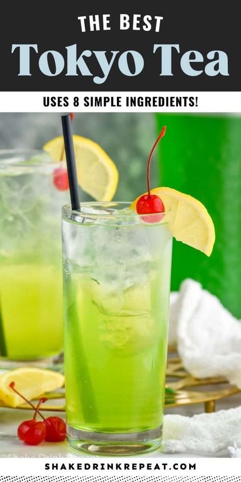 This vibrant, refreshing Tokyo Tea is a fun variation of the classic Long Island Iced Tea, featuring a blend of five different spirits, melon liqueur, and a splash of soda. With its bright green hue and tantalizing mix of flavors, this cocktail packs a punch! Tokyo Iced Tea Cocktail, Tokyo Tea Cocktail Recipe, Midori Cocktails, Long Island Tea, Tokyo Tea, Shake Drink, Tea Cocktail Recipes, Iced Tea Cocktails, Melon Liqueur