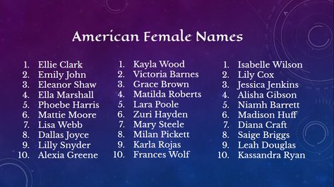 Here's a list of American Female names from a generator site that is my go-to for naming my characters. Male Last Names, Dark Names For Characters, Dark Names For Boys, American Last Names, American Surnames, Dark Male Names, Female Names List, Male Names List, Last Name Ideas