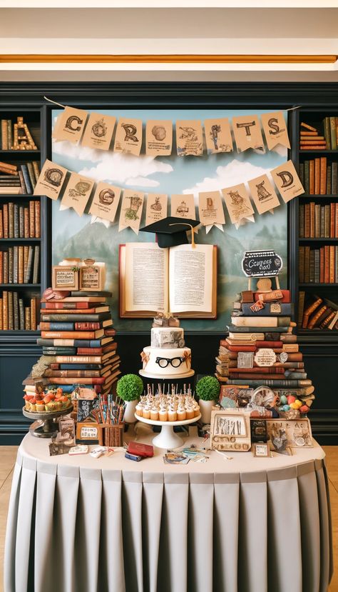 🎓 21 Stunning Graduation Decoration Ideas to Celebrate Your Big Day in Style! 🎉 Graduation Theme Ideas Decoration, Literary Party Decorations, Library Themed Party Decoration, Book Themed Grad Party, Book Themed Sweet 16, Book Themed Graduation Party, Book Birthday Party Theme, Book Launch Party Ideas Decor, Graduation Party Setup