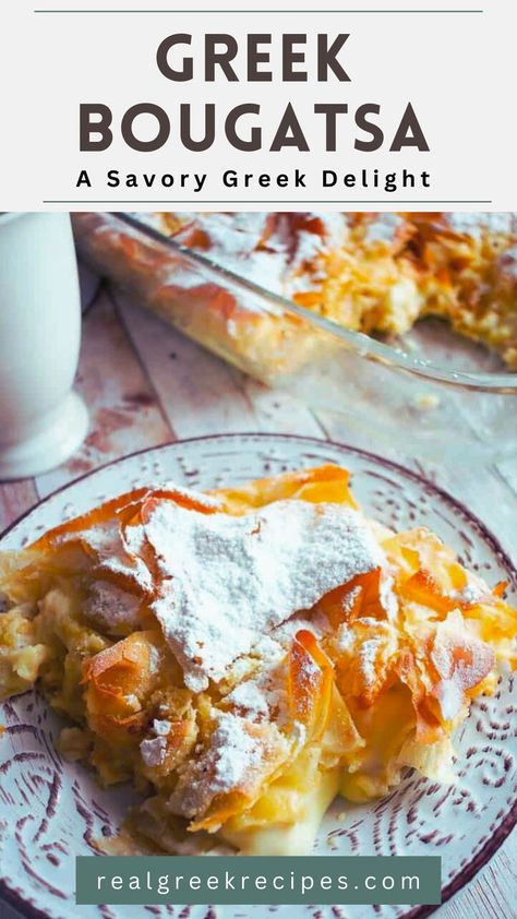 Plate with Greek pastrie Bougatsa Bougatsa Recipe Greek Desserts, Easy Greek Desserts, Greek Koulourakia Recipe, Phyllo Pastry Recipes, Greek Dessert Recipes, Bougatsa Recipe, Greek Pastry, Koulourakia Recipe, European Desserts