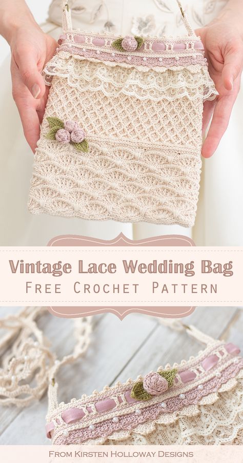 Crochet Vintage Wedding Bag | {Free Pattern Tutorial} | Kirsten Holloway Designs - Kirsten Holloway Designs Kirsten Holloway Designs, Cottage Core Crochet Patterns Free, Vintage Crochet Bag, Crochet Pattern Free Bag, Vintage Crochet Bags, Crochet Patterns Tutorial, Vintage Crochet Patterns Free, Crochet Accessories Pattern, Crochet Patterns Bag