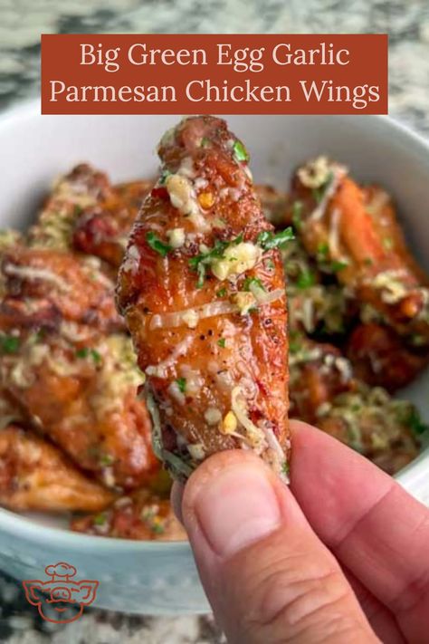 Big Green Egg Garlic Parmesan Chicken Wings - The BBQ Buddha Big Green Egg Recipes Chicken, Beer Can Chicken On The Big Green Egg, Big Green Egg Chicken Wings, Country Style Pork Ribs Big Green Egg, Big Green Egg Wok Recipes, Big Green Egg Inspired Recipes, Baked Hot Wings, Chicken Wing Marinade, Green Egg Bbq