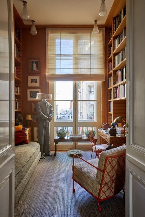 The renovation of Jacques Grange's Parisian apartment in the Palais Royal | House & Garden Jacques Grange Paris Apartment, Parisian Library, Apartment Bookshelves, Red Console Table, Small Bedroom Office, French Bed, Parisian Apartment, Paris Apartments, Library Design