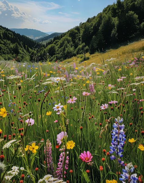 Meadow with wildflowers . . . . . . #wildflowers #flowers #meadow #forest #flower #nature Wild Flowers Meadow, Nature Graphics Design, Wild Flowers Pictures, Forest Meadow Aesthetic, Spring Meadow Aesthetic, Spring Photos Nature, Flora Cosplay, Forest With Flowers, Zine Comic