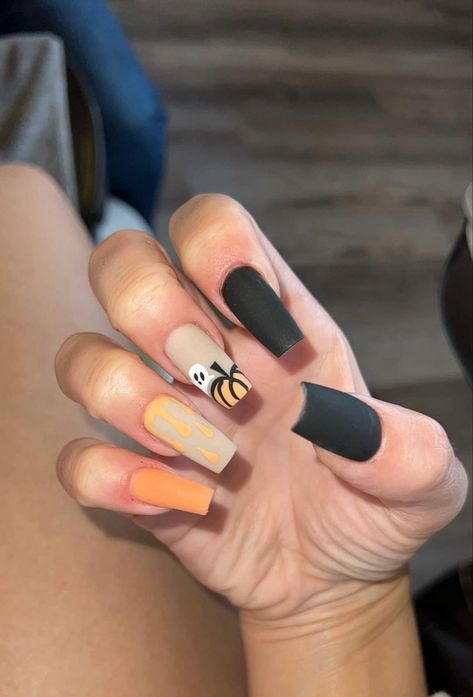 Matte Long Nails, Halloween Nails Matte, Nude Halloween Nails, Ballerina Acrylic Nails, Pumpkin Squares, Nails For Fall, Neutral Nail, Halloween Acrylic, Halloween Acrylic Nails