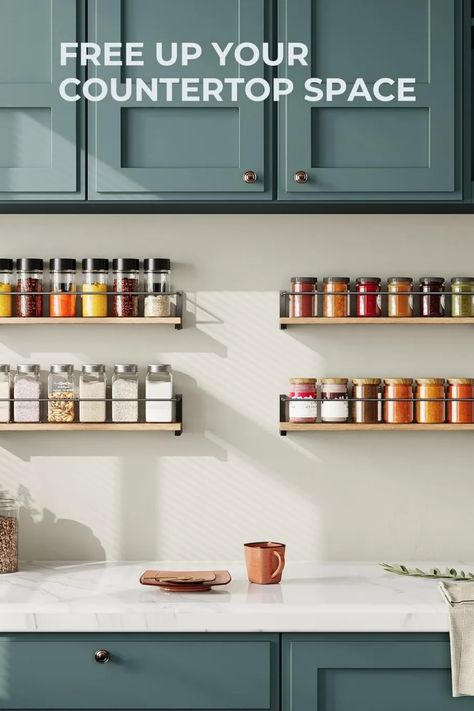 Wall-Mounted Spice Rack Kitchen Cleaning Storage, Shelf Inspiration, Wall Mounted Spice Rack, Kitchen Wall Shelves, Shelving Solutions, Rustic Floating Shelves, Spice Racks, Tidy Kitchen, Creative Storage