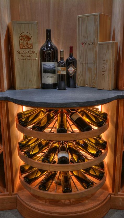 rotating wine bottle storage Round Wine Rack, Small Home Wine Cellar, Rotating Wine Rack, Corner Wine Storage, Wine Cellars Ideas, Wine Display Ideas, Wine Cellar Room, Modern Wall Wine Rack, Wine Storage Ideas