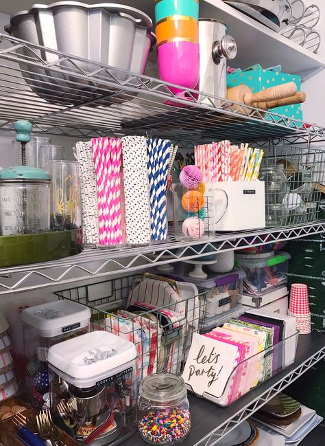 Pantry and Prop Closet Organization. - DomestikatedLife Party Supply Organization, Baking Supplies Organization, Baking Organization, Boutique Patisserie, Baking Storage, Baking Station, Props Storage, Bakery Kitchen, Hunting Room