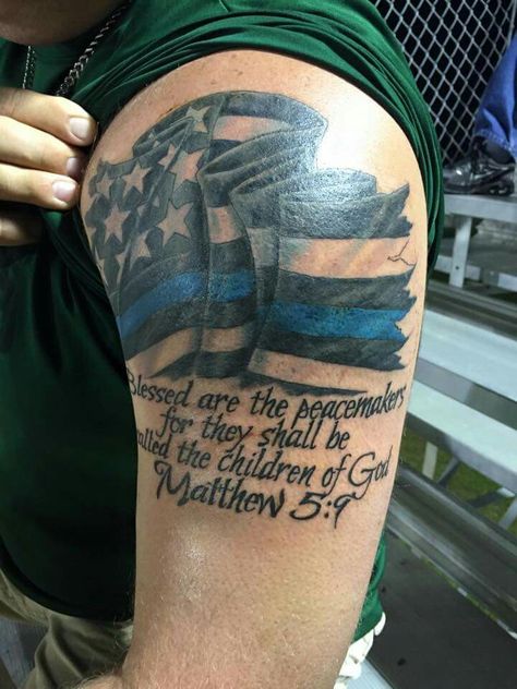 Amazing St Michael Police Tattoo, Blue Line Flag Tattoo, Correctional Officer Tattoo, America Tattoo Ideas, Police Officer Tattoo, Cop Tattoos, Police Tattoos, Law Enforcement Tattoos, Police Tattoo