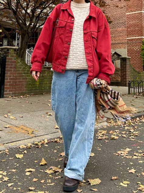 baggy jeans, cream pullover sweater, red denim jacket, brown square-toe chunky boots Vintage Red Jacket Outfit, How To Style A Red Jacket, Red Winter Jacket Outfit, Red Jean Jacket Outfit, Red Corduroy Jacket Outfit, Red Denim Jacket Outfit, Button Jacket Outfit, Red And Brown Outfit, Red Jean Jacket