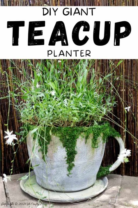 Make a statement in the garden with this DIY Oversized Teacup and Saucer Planter. You can also use it as a prop at your next Alice in Wonderland tea party. #TeacupPlanter #GiantTeaCup #ACraftyMix #DIYPlanter Plant Swap, Tea Cup Planter, Wonderland Halloween, Alice In Wonderland Garden, Wonderland Garden, Birthday Extravaganza, Bike Decorations, Yard Inspiration, Ladies Tea