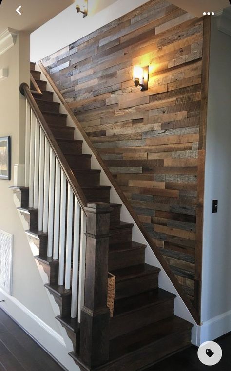 Diy Staircase Makeover, Basement Lighting, Diy Staircase, Diy Basement, Staircase Makeover, Cement Wall, Basement Stairs, Basement Makeover, Wood Accent Wall