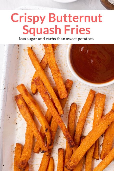 These deliciously crispy butternut squash fries are a great alternative to traditional french fries with fewer calories, carbs, and sugar! Kids and adults love them. #sidedish #kidfriendly #quickandeasy Butternut Squash Fries Baked, Vegan French Fries Recipe, Butternut Squash French Fries, Crispy Butternut Squash Fries, Air Fryer Butternut Squash Fries, Butternut Squash Fries Air Fryer, Acorn Squash Fries, Butternut Fries, Vegan French Fries