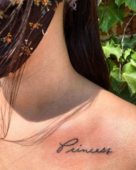 Princess Tattoo Writing Ideas, Princess Font Tattoo, Princess Writing Tattoo, Princesa Tattoo Word, Word Princess Tattoo, Small Princess Tattoo, Princess Script Tattoo, Princess Tattoo Ideas Words, Empowering Women Tattoo Ideas