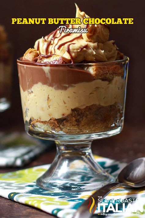 Peanut Butter Chocolate Tiramisu from theslowroasteditalian.com #chocolate #recipe Peanut Butter Tiramisu, Savoiardi Cookies, Chocolate Tiramisu Recipe, Chocolate Peanutbutter, Chocolate Tiramisu, Trifle Dish, The Slow Roasted Italian, Trifle Desserts, Peanut Butter And Chocolate