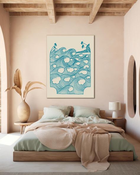 Poster Wall Waves Illustration, Bauhaus Architecture, Surf Room, Wave Illustration, Beach Canvas Wall Art, Wave Poster, Vintage Waves, Online Poster, Posters Wall Art