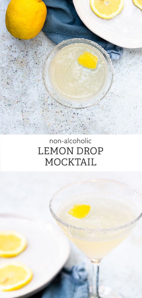 This nonalcoholic lemon drop mocktail is so delicious you'll be drinking it all year long! It's refreshing and tastes almost like the real thing! Just without the headache in the morning. Perfect for kids, pregnancy, or those who just want to enjoy a nonalcoholic drink. #mocktail #nonalcoholic #lemonrecipes #lemoncocktails #cocktails #happyhour #lemondrop Virgin Lemon Drop Martini, Lemon Mocktail, Drink Mocktail, Nonalcoholic Drink, Mocktail Bar, Lemon Drop Cocktail, Mocktail Drinks, Lemon Cocktail, Alcohol Free Drinks