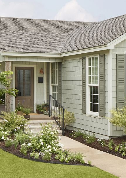 Gray Green Shutters Exterior Houses, Updating Siding Exterior House, Dried Eucalyptus Hardie Siding, James Hardie Magnolia Collection, Hardie Board Siding Ideas, Shutters Colors, Cottage Tudor, Siding Colors For Houses, Magnolia Collection