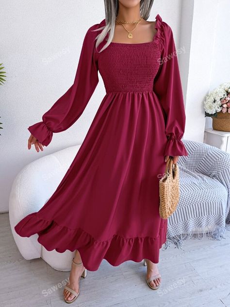 Square Neck Flounce Sleeve Ruffle Hem Dress | SHEIN USA Flounce Sleeve Dress, Smocked Dresses, Vestidos Vintage, Weave Style, Maxi Dress Formal, Flounce Sleeve, Ruffled Maxi Dress, Smock Dress, Flare Skirt