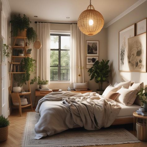 🌿✨ Cozy bedroom vibe with a big comfy bed, soft blanket, and plenty of pillows. Love the hanging plants, simple wall art, and shelves with knick-knacks. There's a cool basket light, small table with a lamp, and chill rug. Curtains are light, and the floor's got that warm wood feel. 🛌📚🖼️💡
#odastudioAI #odaAIstudio #odastudio
#bedroomdecor #bedroomideas #bedroomdesign #cozybedroom #modernbedroom #bedroominspiration #smallbedroom #bedroomstyling #masterbedroom #bedroominterior Light Wood Bedroom Aesthetic, Small Bedroom With Window, Med School Apartment, Minimalist Cottage Bedroom, Big Bed Small Room, Luxury Bedroom Master Romantic Interior Design, Small Bedroom Big Bed Ideas, Forestcore Room, Cosy Bedroom Ideas For Couples