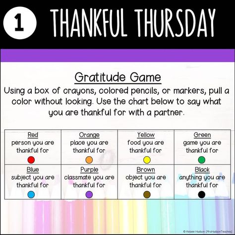 Kelsee Hudson on Instagram: “✨ THANKFUL THURSDAY! ✨⁣⁣⁣⁣⁣ ⁣⁣⁣⁣⁣ Every day this week I am sharing a sample slide from each daily theme in my Classroom Meeting Bundle.…” Thankful Thursday Ideas, Thursday Themes, Kindness Bingo, Note Of Appreciation, Gratitude Game, Encourage A Friend, Classroom Meetings, Pack Meeting, Staff Motivation