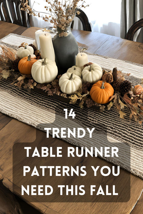 Searching for elegant and trendy table decor? Check out these beautiful table runner patterns and table runner ideas that will transform your dining space. From festive table runners Thanksgiving style to everyday table runner centerpiece ideas, you’ll find plenty of inspiration to create a captivating table setting. Let these table runners ideas inspire your next dinner party or holiday gathering! Table Runners Thanksgiving, Thanksgiving Runner Table Ideas, Farmhouse Fall Dinner Table Decor, Table Runners Fall, Trendy Table Settings, Layered Table Runners, Dining Room Table With Runner, Table Runner For Dark Wood Table, Round Table Runner Ideas Dining Rooms